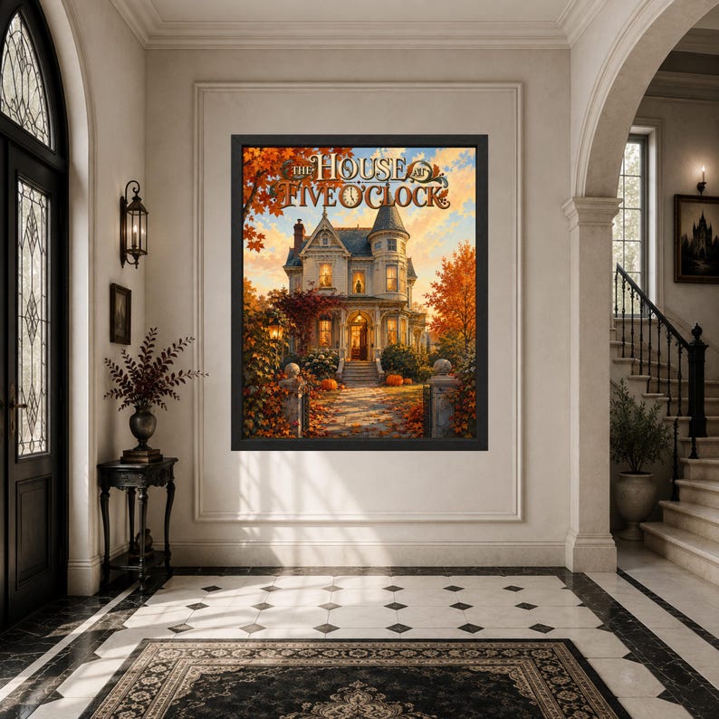 May include: A framed wall art print titled The House at Five O'Clock, depicting a Victorian-style house surrounded by autumn foliage, orange pumpkins, and a sunset sky. The artwork features warm golden lighting and detailed architectural elements.