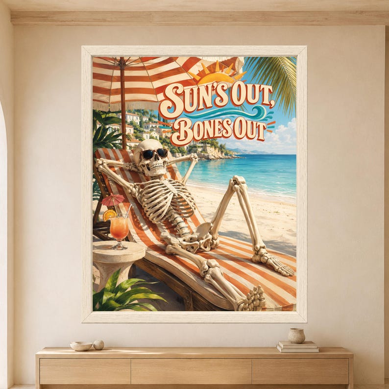 Funny Skeleton Beach Poster, Sun's Out Bones Out, Summer Vacation Art (Digital Download) image 9