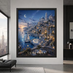 Framed Lunevara fantasy city wall art showing a moonlit coastal harbor with sailing boats, illuminated stone palaces, domed towers, terraces and a crescent moon beneath a starry blue sky.