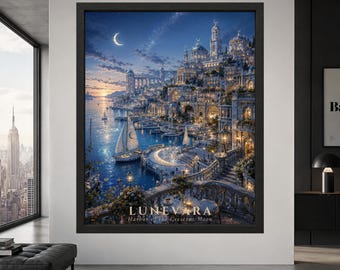 Lunevara Fantasy Moon City Print, Crescent Moon Harbor, Night Coastal Architecture (Digital Download)