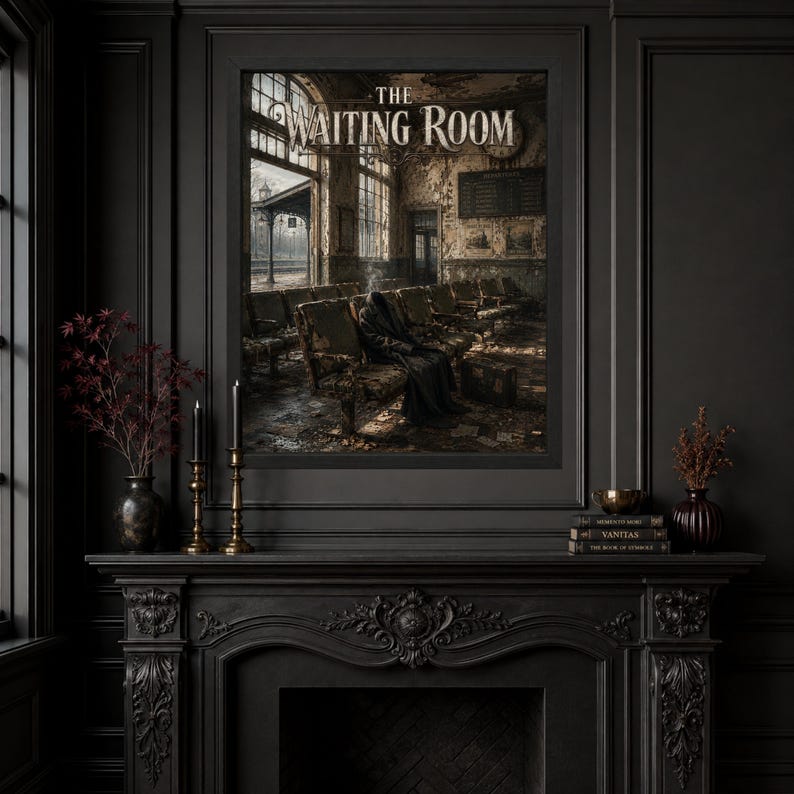 May include: A framed wall art print titled The Waiting Room depicting a dark, dilapidated train station interior with a hooded figure sitting on a worn chair. The scene features peeling walls, large windows, and a somber, muted color palette.