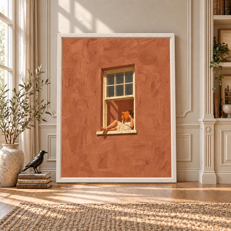 Framed terracotta wall art showing a woman sitting in an open window reading an orange book against a textured Mediterranean-style facade with warm sunlight.