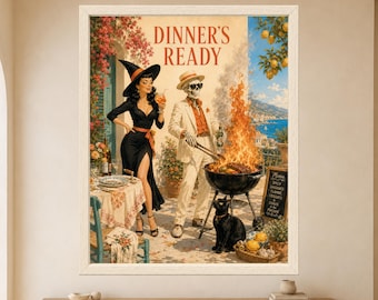 Funny Skeleton BBQ Witch Cat Print, Retro Halloween Kitchen Decor (Digital Download)