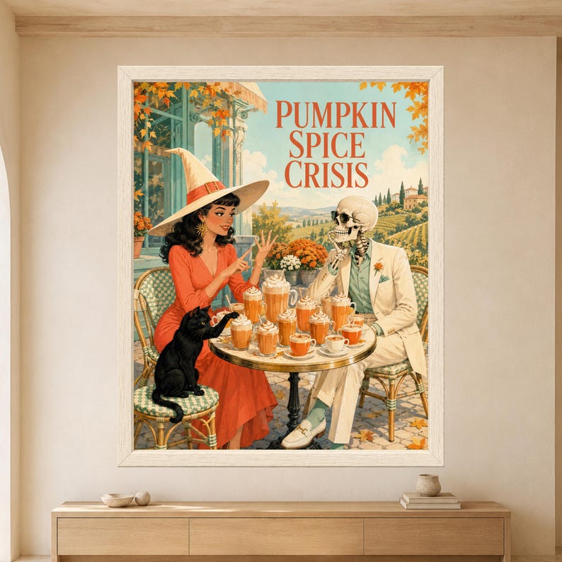 Framed Pumpkin Spice Crisis Halloween wall art featuring a stylish witch, skeleton and black cat surrounded by pumpkin spice drinks at a colorful retro outdoor café.