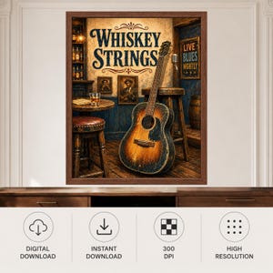 Op de afbeelding: Een ingelijste kunstdruk getiteld Whiskey Strings met een versleten akoestische gitaar die tegen een houten kruk leunt in een donkere bar. De sc&egrave;ne bevat een tafeltje met een glas, ingelijste portretten en een bord met de tekst Live Blues Nightly.