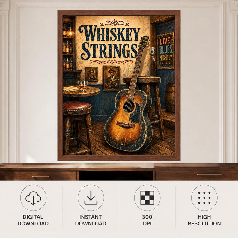 Op de afbeelding: Een ingelijste kunstdruk getiteld Whiskey Strings met een versleten akoestische gitaar die tegen een houten kruk leunt in een donkere bar. De sc&egrave;ne bevat een tafeltje met een glas, ingelijste portretten en een bord met de tekst Live Blues Nightly.