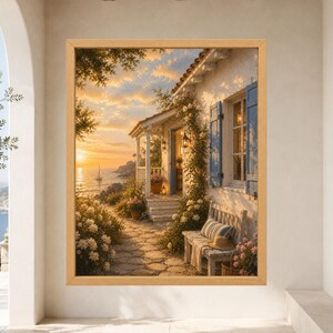 Framed Mediterranean coastal wall art showing a white seaside cottage with blue shutters, flowering garden path, wooden bench and sailboat glowing in warm golden sunset light.