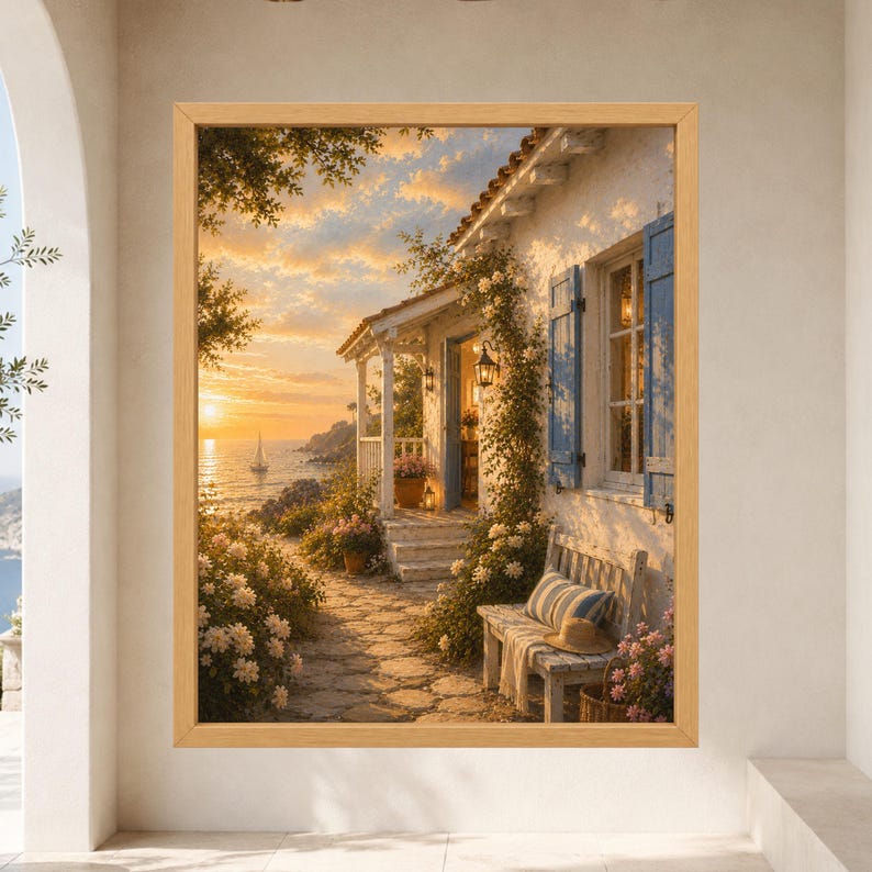 Framed Mediterranean coastal wall art showing a white seaside cottage with blue shutters, flowering garden path, wooden bench and sailboat glowing in warm golden sunset light.