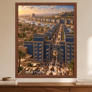 May include: A framed wall art print depicting the ancient city of Babylon with its iconic blue Ishtar Gate adorned with golden animal reliefs. The scene shows a bustling street, palm trees, and a river under a sunset sky, with the text BABYLON 550 BCE.