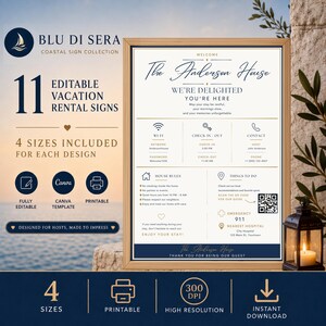 Airbnb QR code sign bundle with 11 editable Canva vacation rental signs, welcome sign, WiFi details, guest guide access and printable host templates.