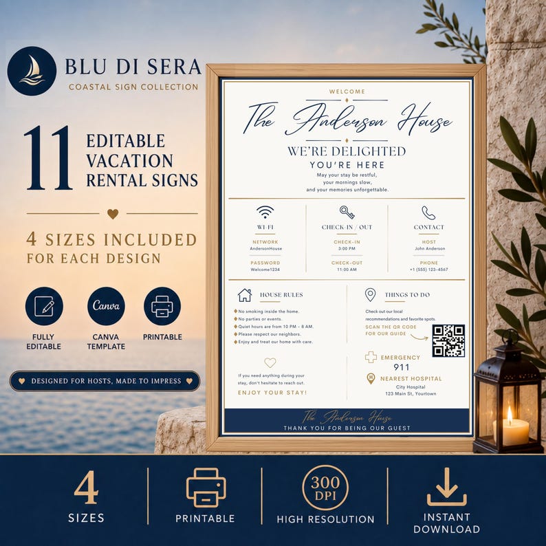 Airbnb QR code sign bundle with 11 editable Canva vacation rental signs, welcome sign, WiFi details, guest guide access and printable host templates.