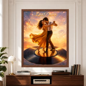 Framed Last Dance wall art featuring a romantic couple dancing on a giant black vinyl record beneath a glowing golden sunset with floating musical notes and warm cinematic light.