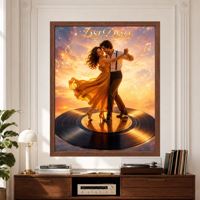 Framed Last Dance wall art featuring a romantic couple dancing on a giant black vinyl record beneath a glowing golden sunset with floating musical notes and warm cinematic light.