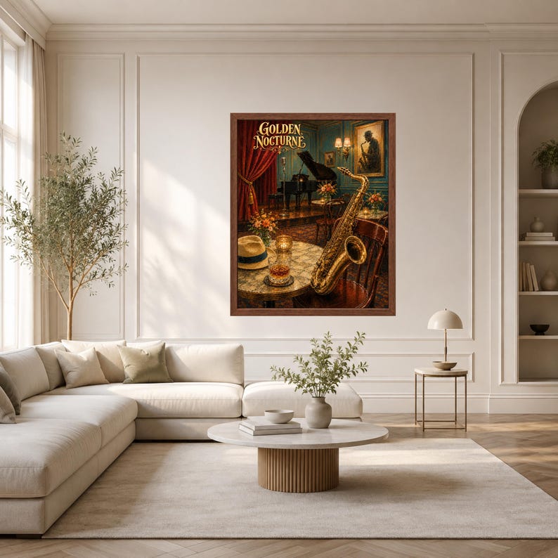 May include: A framed wall art print titled Golden Nocturne featuring a jazz club scene with a gold saxophone, a fedora hat, and a glass of amber liquid on a round table. In the background, a grand piano sits on a stage with red curtains.
