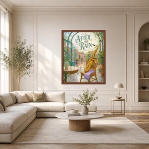 May include: A framed wall art print titled After The Rain, featuring a golden saxophone resting on a wicker chair in a sunlit courtyard. The scene includes a round table, lush green plants, and a purple cloth draped over the chair seat.