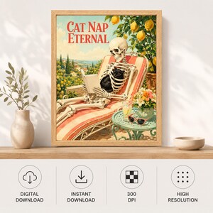May include: A framed wall art print titled CAT NAP ETERNAL featuring a skeleton lounging on a striped chair while reading a book with a black cat on its lap. A lemon tree, a small table with a glass of lemonade, and sunglasses are visible.