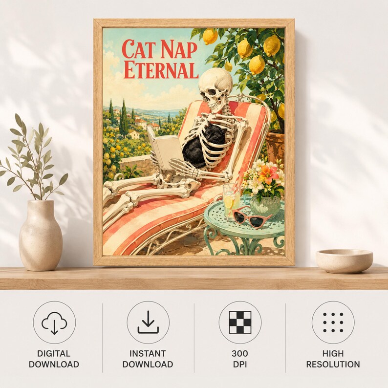 May include: A framed wall art print titled CAT NAP ETERNAL featuring a skeleton lounging on a striped chair while reading a book with a black cat on its lap. A lemon tree, a small table with a glass of lemonade, and sunglasses are visible.