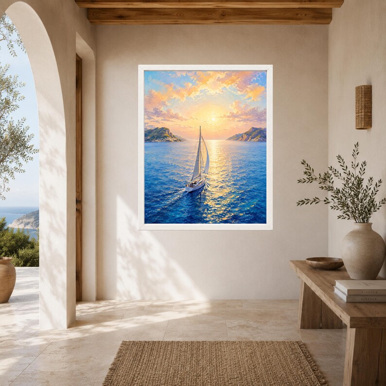 May include: A framed wall art print depicting a white sailboat navigating deep blue ocean waters under a vibrant sunset sky with golden clouds. The scene features distant rocky cliffs on the horizon, with the sun casting a bright reflection.