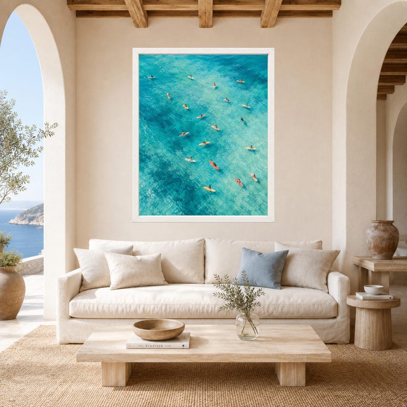 Aerial Turquoise Ocean Surfers Print, Coastal Surfboard Art (Digital Download) image 3