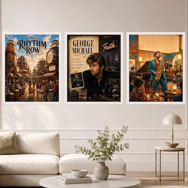 K&ouml;nnte beinhalten: Drei gerahmte Wandbilder in einer Reihe. Das linke Bild zeigt eine belebte Stra&szlig;enszene mit dem Titel Rhythm Row. Das mittlere Bild zeigt George Michael mit dem Text Faith. Das rechte Bild stellt einen Musiker beim Saxophonspielen dar.