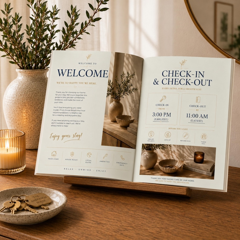 May include: An open welcome guide booklet for guests featuring dark blue text on cream pages. The left page displays a welcome message, while the right page outlines check-in and check-out times, including 3:00 PM and 11:00 AM, with icons.