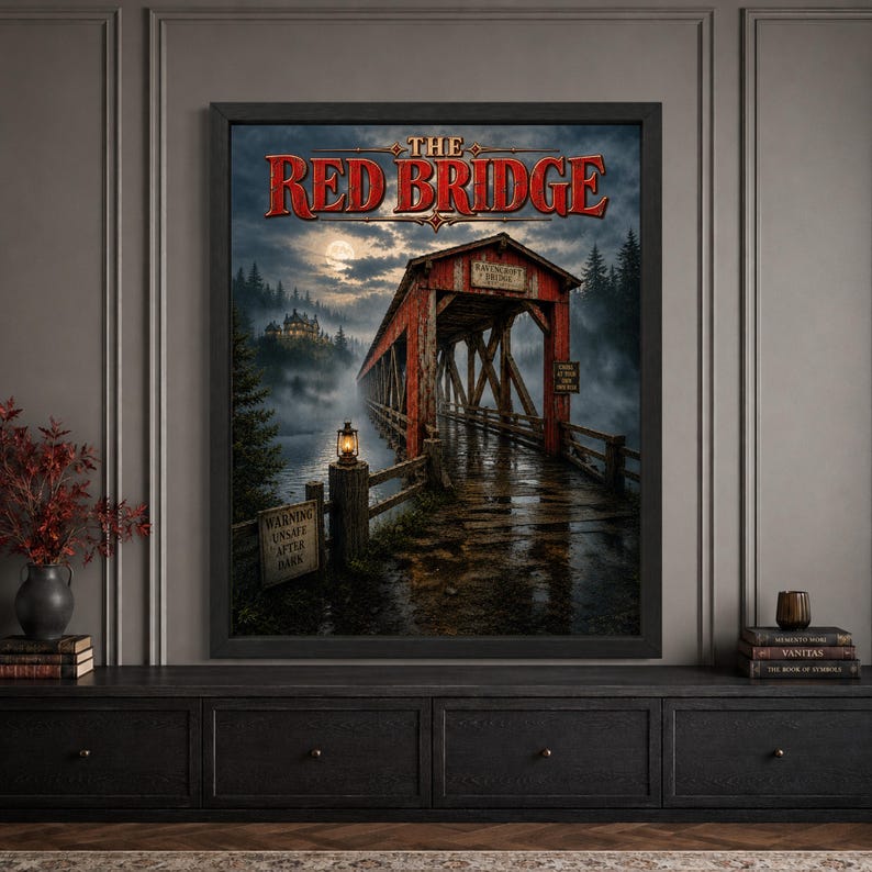 Framed haunted covered bridge Halloween wall art featuring a weathered red bridge beneath a cloudy moon, surrounded by foggy pine forest, warning signs, lantern light and a distant mansion with bold “The Red Bridge” typography.