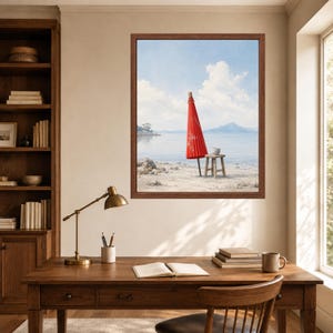 May include: A framed wall art print depicting a bright red traditional Japanese paper umbrella standing upright on a sandy beach next to a small wooden stool, with a calm sea, distant mountains, and a blue sky with white clouds in the background.