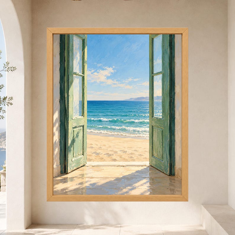 Open Door Sea View Print, Mediterranean Coastal Art, Green Door Beach Decor (Digital Download) image 9