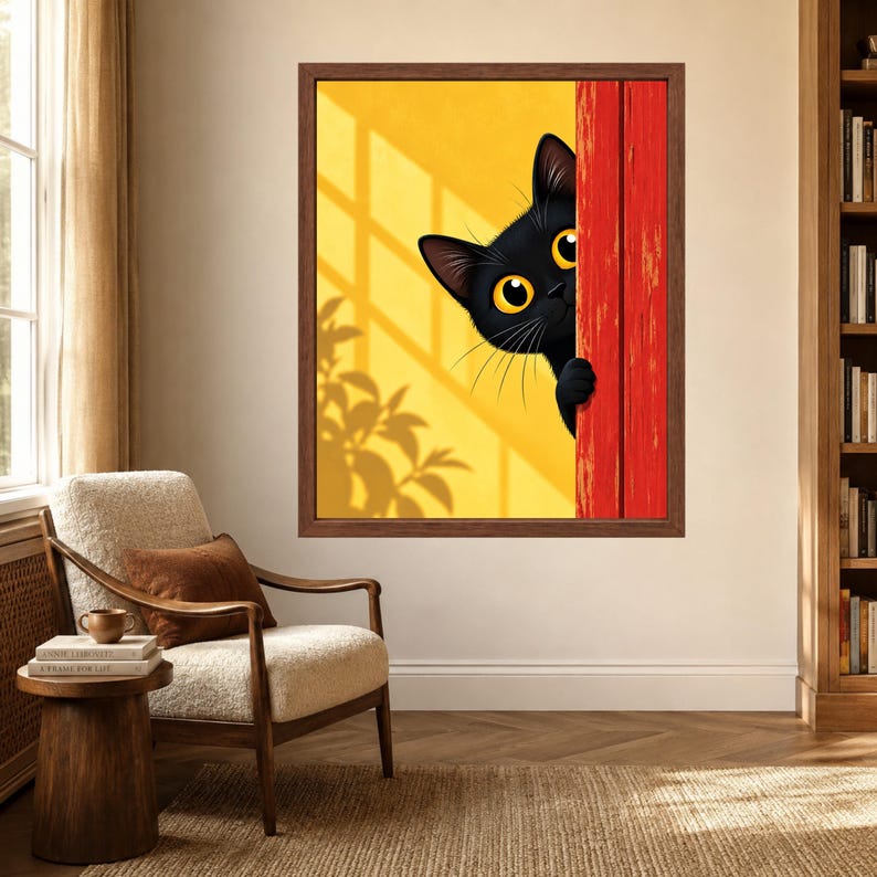May include: A framed wall art print featuring a black cat with large yellow eyes peeking from behind a bright red wooden door. The background is a solid yellow wall with a shadow of a plant cast across it, creating a high-contrast visual.