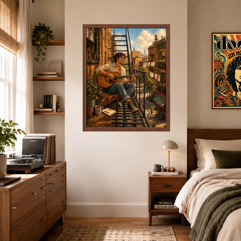 May include: A framed wall art print depicting a person sitting on a metal fire escape, playing an acoustic guitar. The scene shows an urban apartment building exterior with laundry hanging, a blue sky, and a city street view below the fire escape.