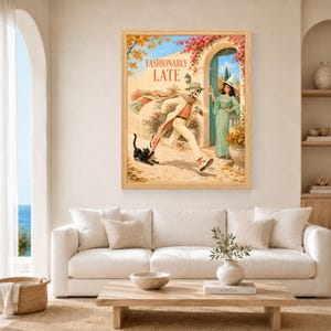 May include: A framed wall art print titled FASHIONABLY LATE featuring a skeleton in a beige suit and hat running with a long scarf, a black cat, and a person in a green dress and witch hat standing in a stone archway with pink flowers.