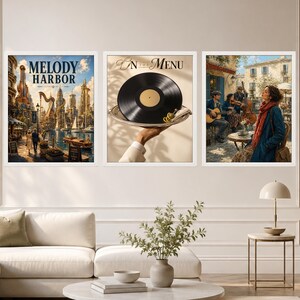 May include: A set of three framed wall art prints. The left print shows a harbor city with the text Melody Harbor. The center print features a vinyl record on a silver tray with the text On The Menu. The right print depicts musicians in a plaza.