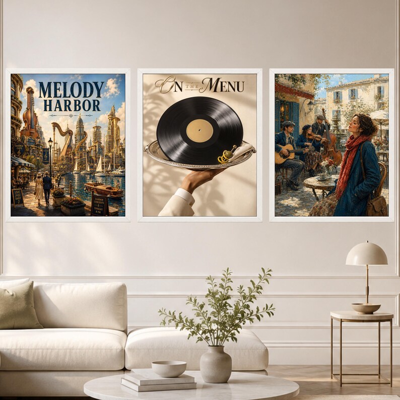 May include: A set of three framed wall art prints. The left print shows a harbor city with the text Melody Harbor. The center print features a vinyl record on a silver tray with the text On The Menu. The right print depicts musicians in a plaza.
