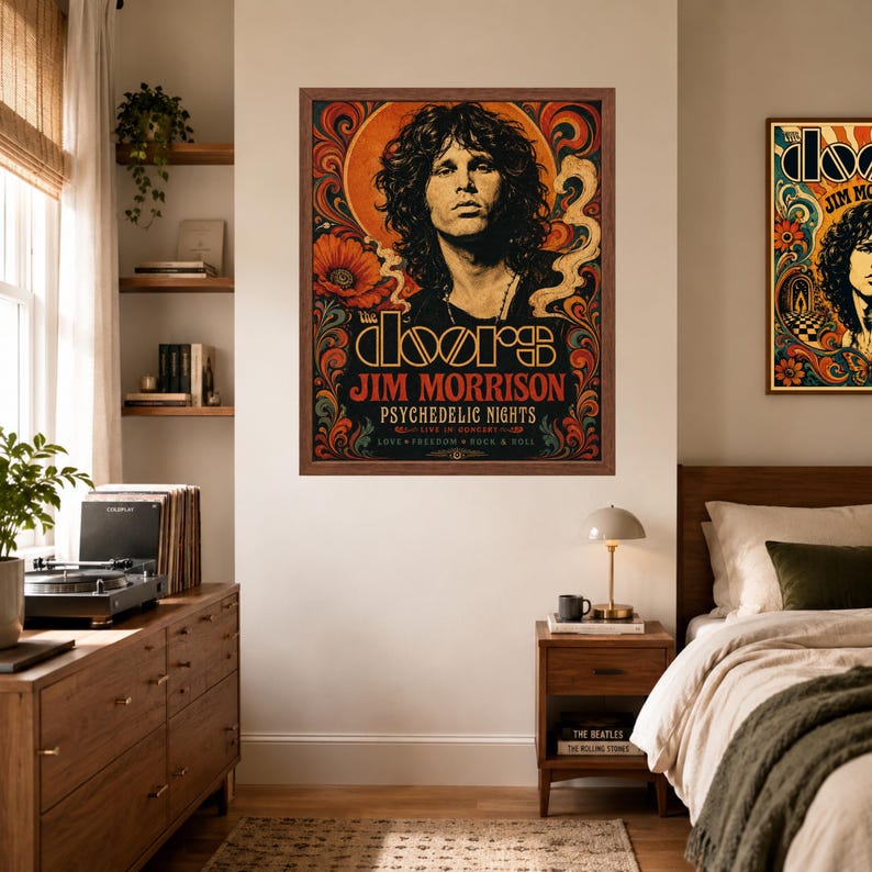 May include: A framed rectangular wall poster featuring a portrait of Jim Morrison with long dark hair. The artwork includes orange, red, and black swirling patterns, floral motifs, and the text: The Doors, Jim Morrison, Psychedelic Nights.