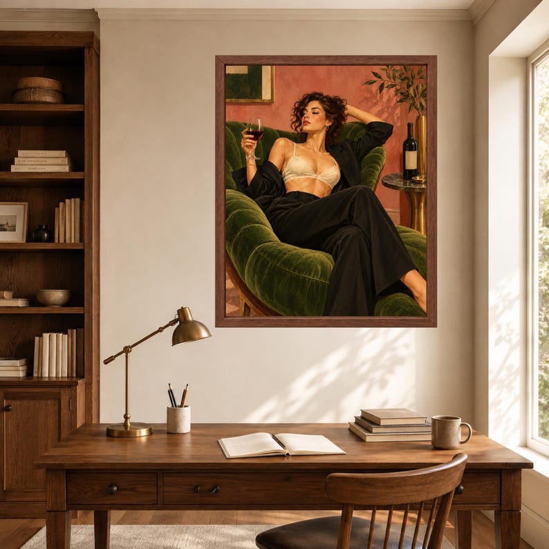 Woman With Wine Wall Art, Green Velvet Lounge Print, Fashion Poster (Digital Download) immagine 6