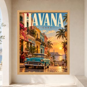 Havana Cuba Travel Poster, Classic Car, Tropical Sunset (Digital Download) image 9