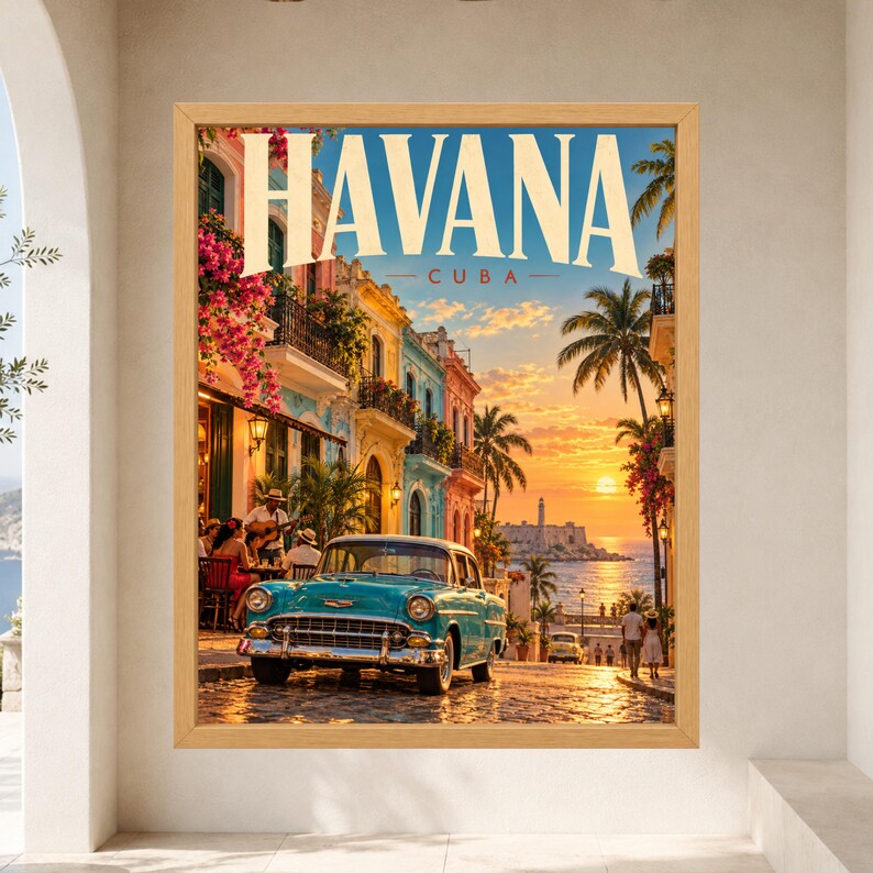Havana Cuba Travel Poster, Classic Car, Tropical Sunset (Digital Download) image 9