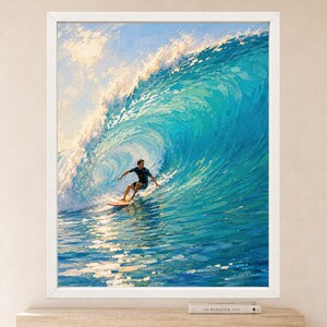 May include: A framed oil painting depicting a surfer riding a large, curling turquoise ocean wave. The artwork features vibrant blue and white brushstrokes capturing the movement of water, with a bright sky visible above the crest of the wave.