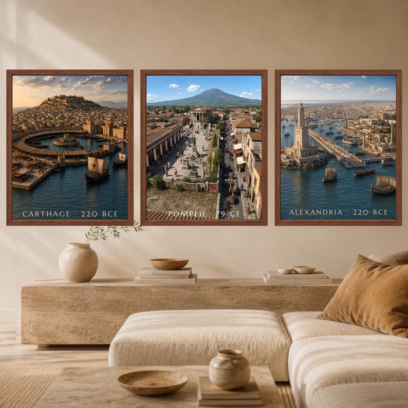 K&ouml;nnte beinhalten: Ein Set aus drei gerahmten Wandbildern mit historischen Stadtansichten. Das linke Bild zeigt Karthago 220 v. Chr., das mittlere Pompeji 79 n. Chr. und das rechte Alexandria 220 v. Chr. Jedes Bild ist in einem braunen Holzrahmen gefasst.