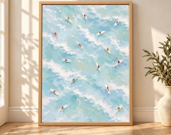 Aerial Surfers Ocean Print, Pastel Blue Coastal Art (Digital Download)