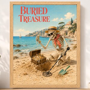 Puede incluir: Una l&aacute;mina enmarcada titulada BURIED TREASURE que muestra un esqueleto con sombrero de paja, gafas de sol y pa&ntilde;uelo rojo en una playa. El esqueleto sostiene un collar de perlas sobre un cofre de madera lleno de monedas de oro y joyas.