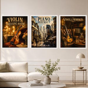 May include: A set of three framed wall art prints. The first shows a violin with the text VIOLIN IN THE DRESSING ROOM. The second depicts a city street with the text PIANO DISTRICT. The third features a guitar and whiskey with VINYL & WHISKEY.