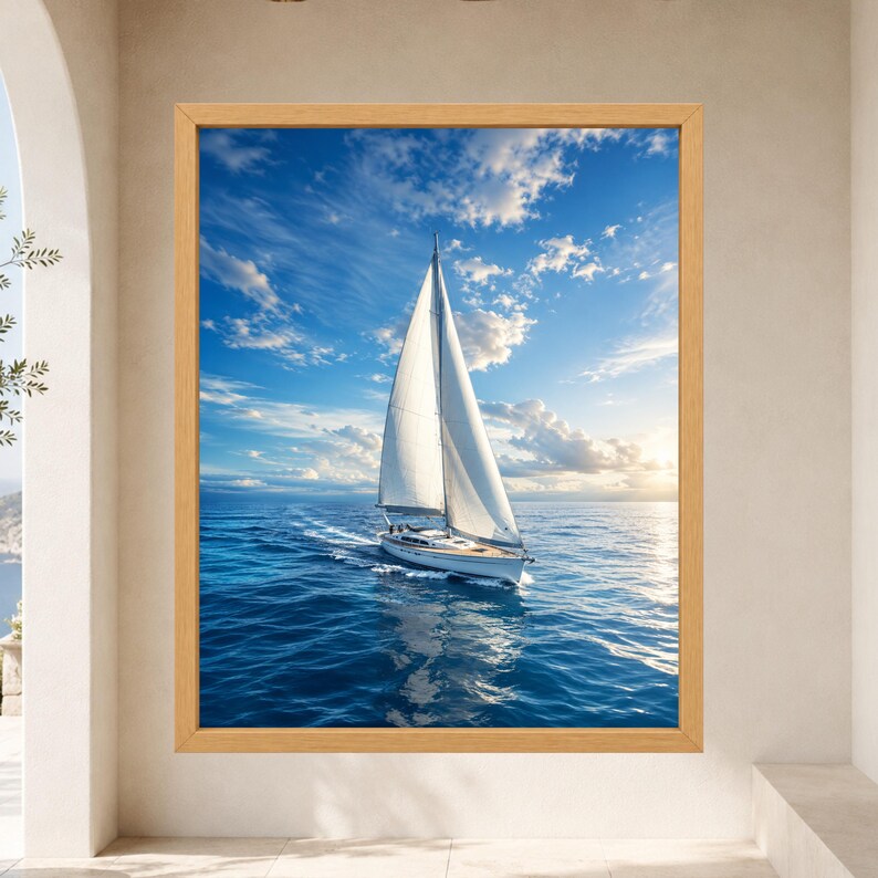 May include: A vertical framed wall art print featuring a white sailboat navigating deep blue ocean waters under a bright sky with scattered clouds. The sailboat has a tall mast and white sails, creating a wake in the water. The frame is light wood.