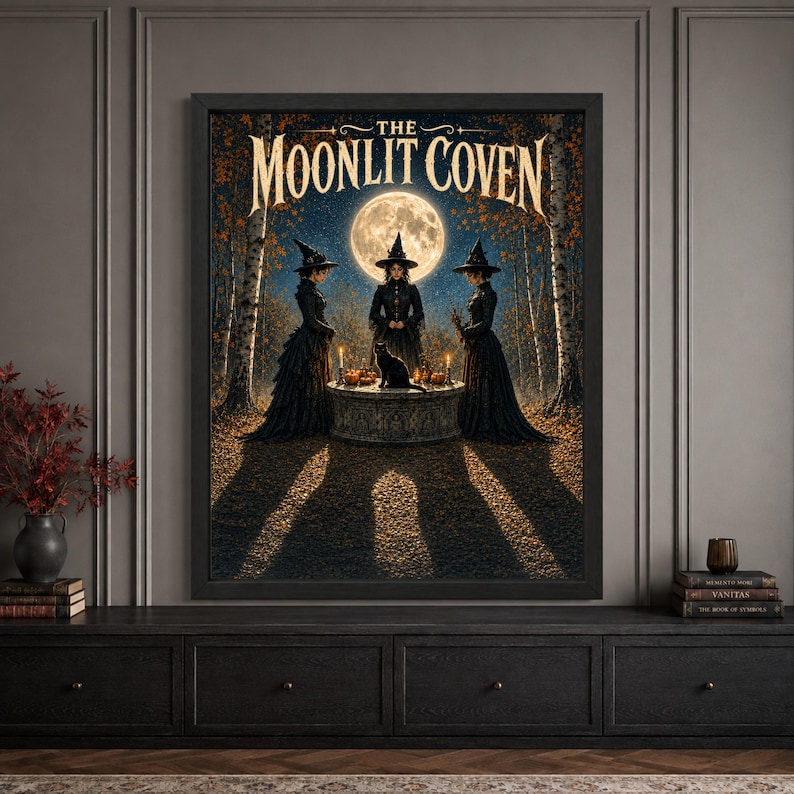 Framed witch coven Halloween wall art featuring three women in black witch dresses gathered around a candlelit stone altar with a black cat beneath a huge full moon, surrounded by birch trees, autumn leaves and “The Moonlit Coven” typography.