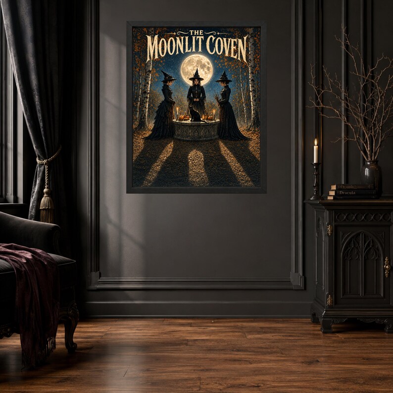May include: A framed wall art print titled The Moonlit Coven, featuring three figures in black dresses and pointed hats standing around a stone altar with a black cat, set in a forest under a full moon with long shadows cast on the ground.