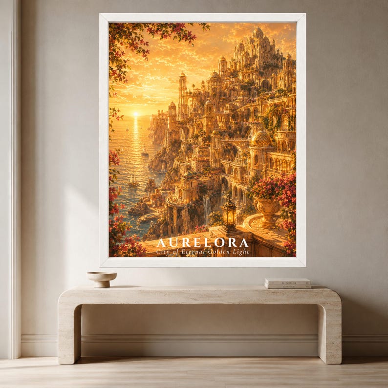 May include: A framed wall art print depicting a coastal city built into cliffs at sunset, bathed in golden light. The image features intricate architecture, cascading flowers, and sailboats on the water. Text reads: AURELORA City of Eternal Golden Light.
