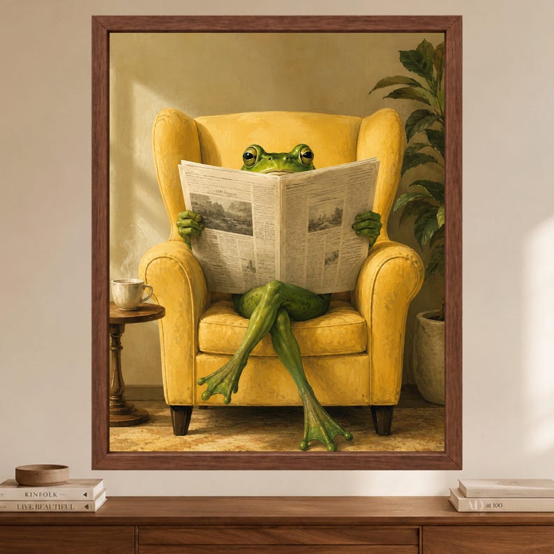 Funny Frog Reading Newspaper Art, Whimsical Animal Print, Mid-Century Decor (Digital Download) Bild 2