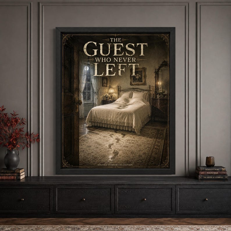 Framed Halloween horror wall art featuring an empty Victorian bedroom, moonlit window and mysterious footprints leading across the rug toward the bed, with distressed “The Guest Who Never Left” typography and vintage haunted-house styling.