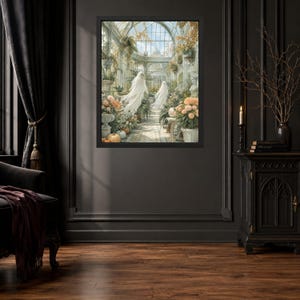 May include: A framed wall art print depicting a glass conservatory filled with lush greenery, blooming orange and white flowers, and pumpkins, featuring two translucent white ghost figures floating along a central stone pathway under a glass roof.