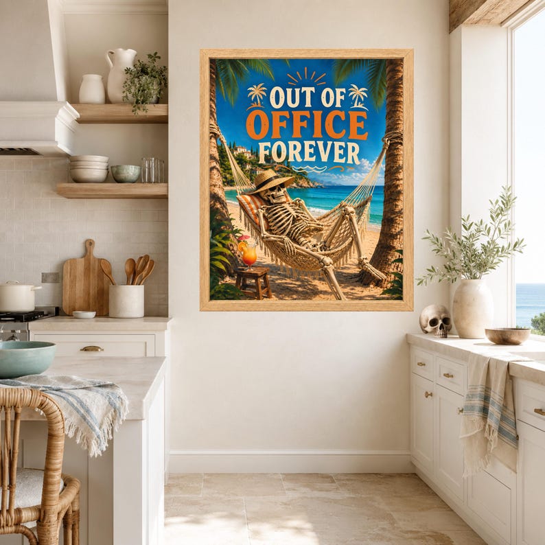 Póster divertido de esqueleto en hamaca de playa, arte de vacaciones tropicales (descarga digital) imagen 6